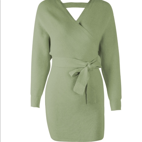 🆕🔥V Neck Tie Belt Sweater Dress Olive - Picture 6 of 7